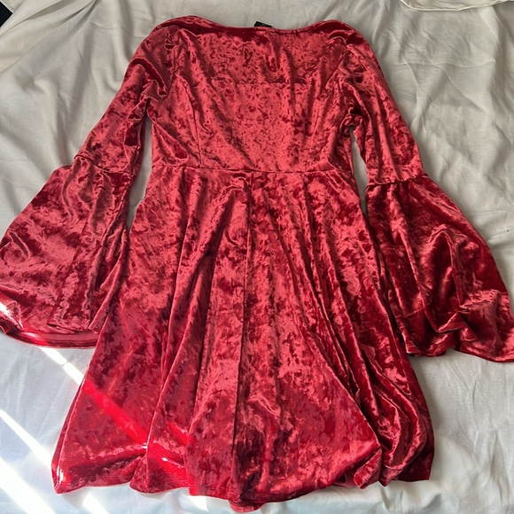 Red Crushed Velvet Bell-Sleeve Mini Dress - Picture 7 of 7